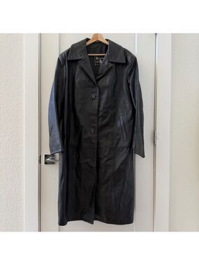 Vintage Leonardo Leather Jacket COAT Black Overcoat Midi Unisex Coat Size 50